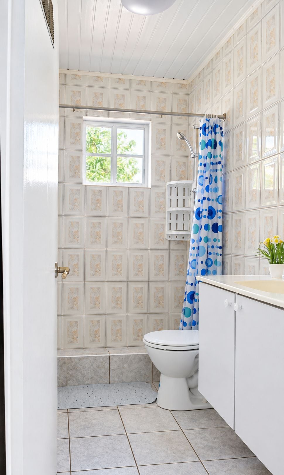 Un baño con inodoro, ducha y ventana.
