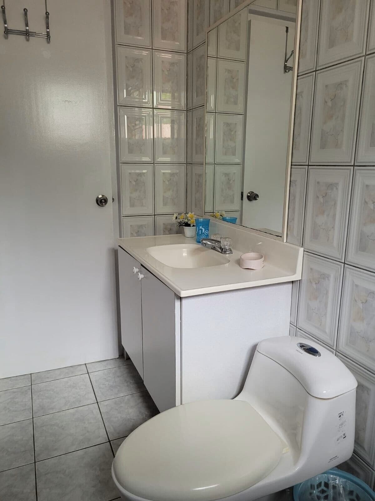 Un baño con inodoro blanco, lavamanos con espejo y paredes con azulejos.