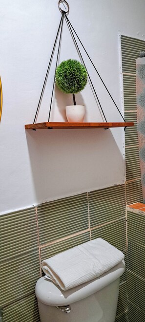 Regadera, toallas, jabón, papel de baño 
