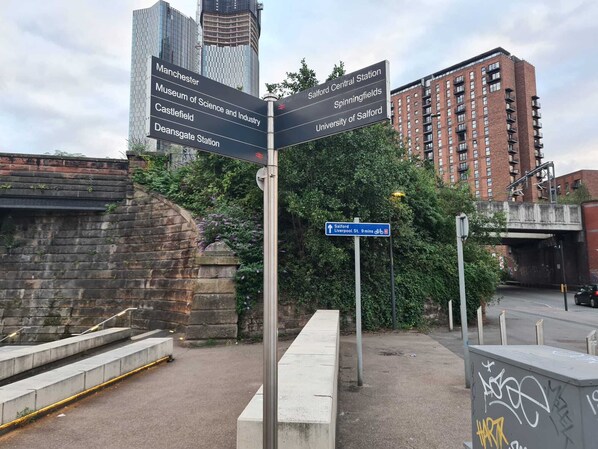 Un indicador direccional con varios destinos, incluyendo Manchester, el Museo de Ciencia e Industria, Castlefield, la estación Deansgate, la estación Salford Central, Spinningfields y la Universidad de Salford.