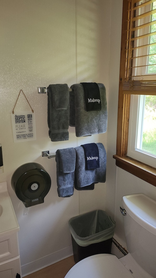 Ducha, secador de pelo, toallas, jabón