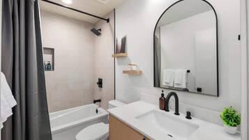 Douche, séchoir à cheveux, serviettes fournies