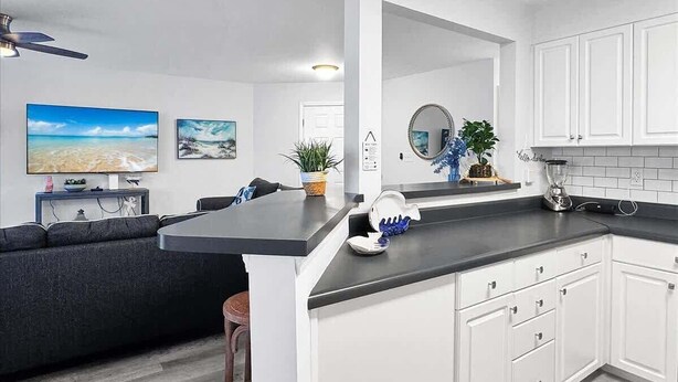 A modern kitchen with white cabinets, a black countertop, and a grey sofa. There are two paintings on the wall, a ceiling fan, and a plant on the countertop.