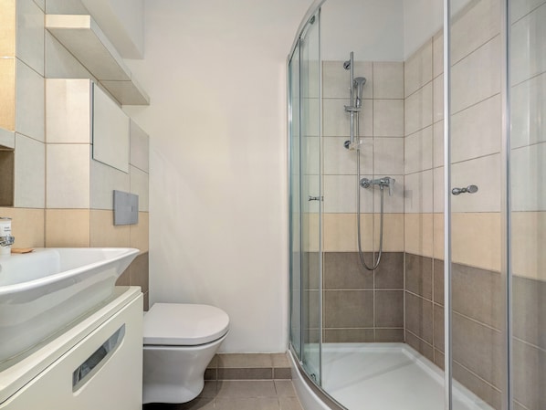 Shower, hair dryer, towels