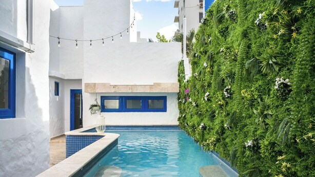 Una piscina con borde de azulejos azules, rodeada de edificios blancos con detalles en azul y un muro vertical ajardinado.
