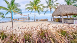 A beach with palm trees, a hammock, and a thatched-roof hut.