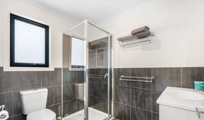 Shower, hair dryer, towels, soap