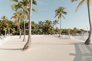 Una playa arenosa con palmeras y una valla blanca.