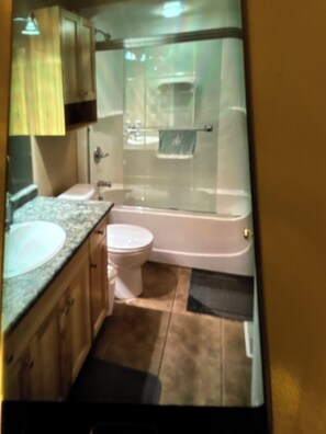 Shower, towels, soap, toilet paper