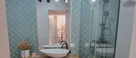 Hair dryer, towels, soap