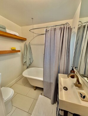 Hair dryer, towels, soap, toilet paper
