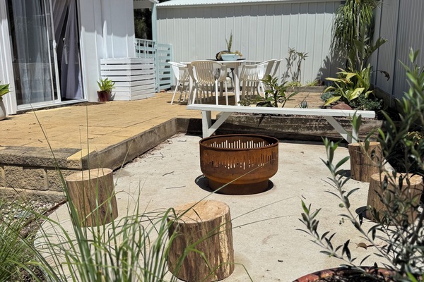 Fire pit, bbq and outdoor seating area.