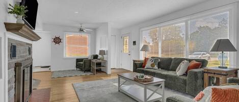 TV, fireplace, books, offices