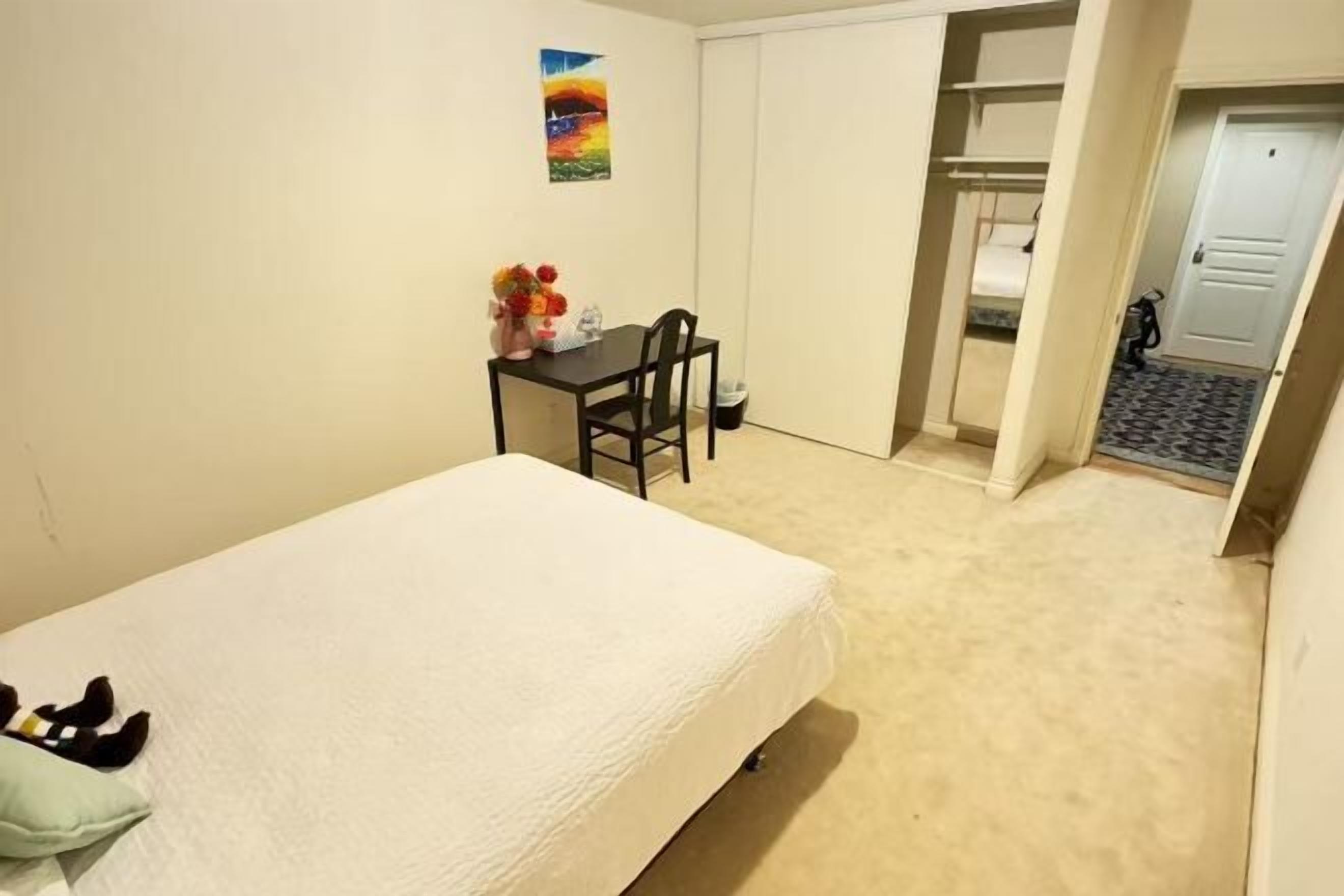 Desk, laptop workspace, blackout drapes, soundproofing