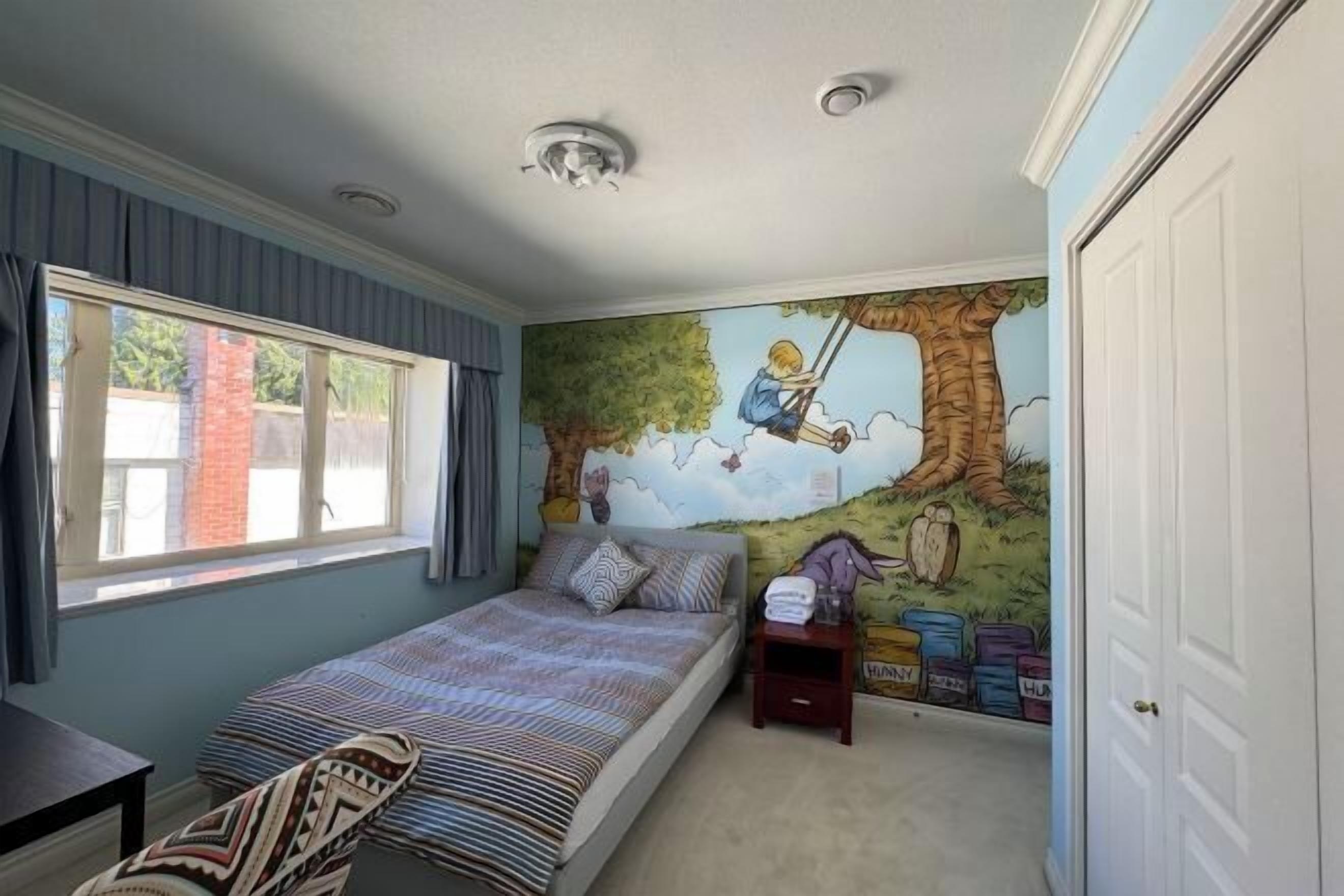 Desk, laptop workspace, blackout drapes, soundproofing