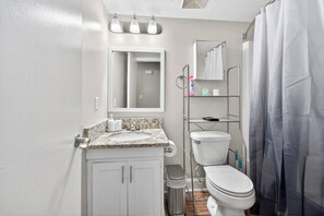 Hair dryer, towels, soap, shampoo