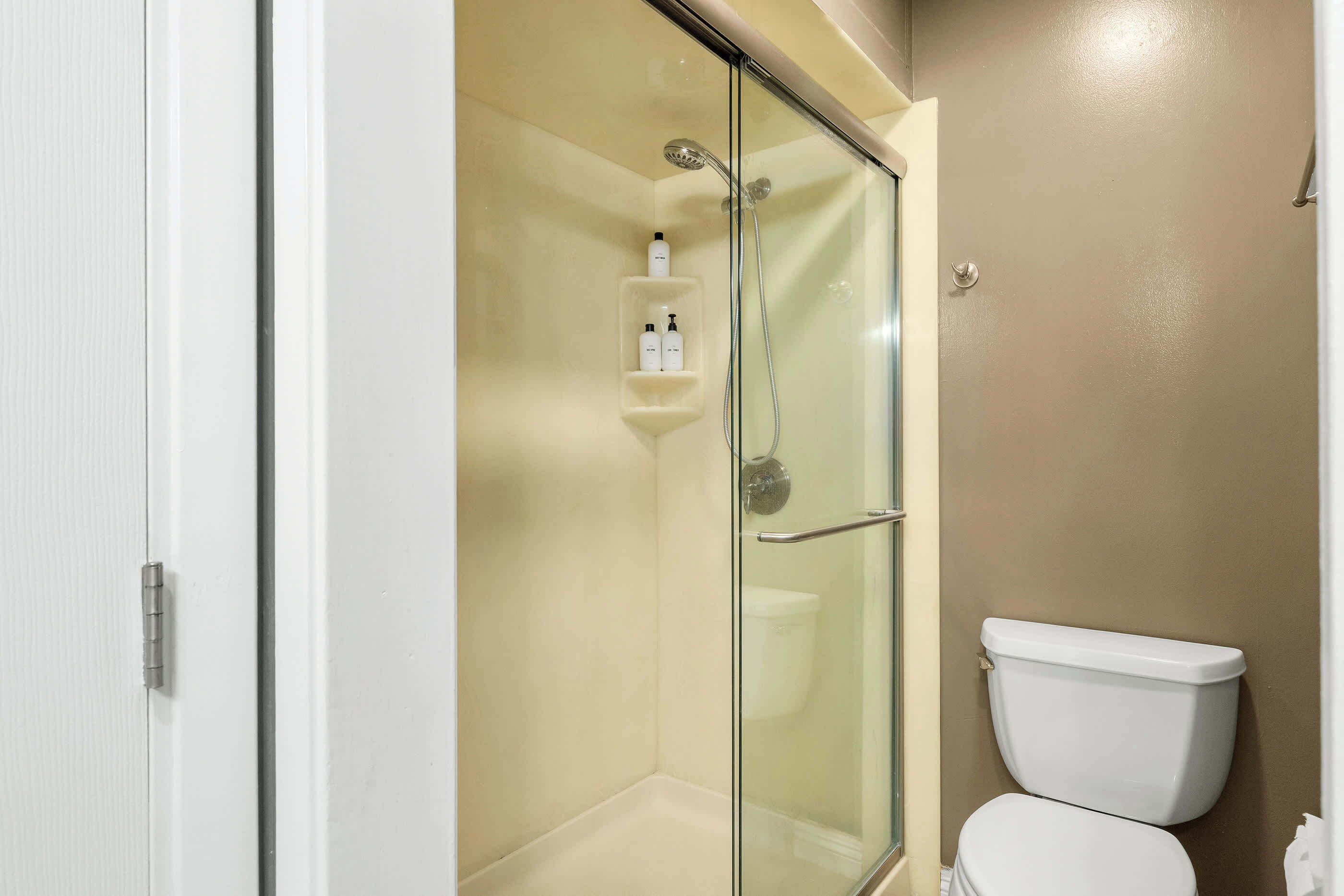 A bathroom with a glass-enclosed shower, a toilet, and a shelf with toiletries.