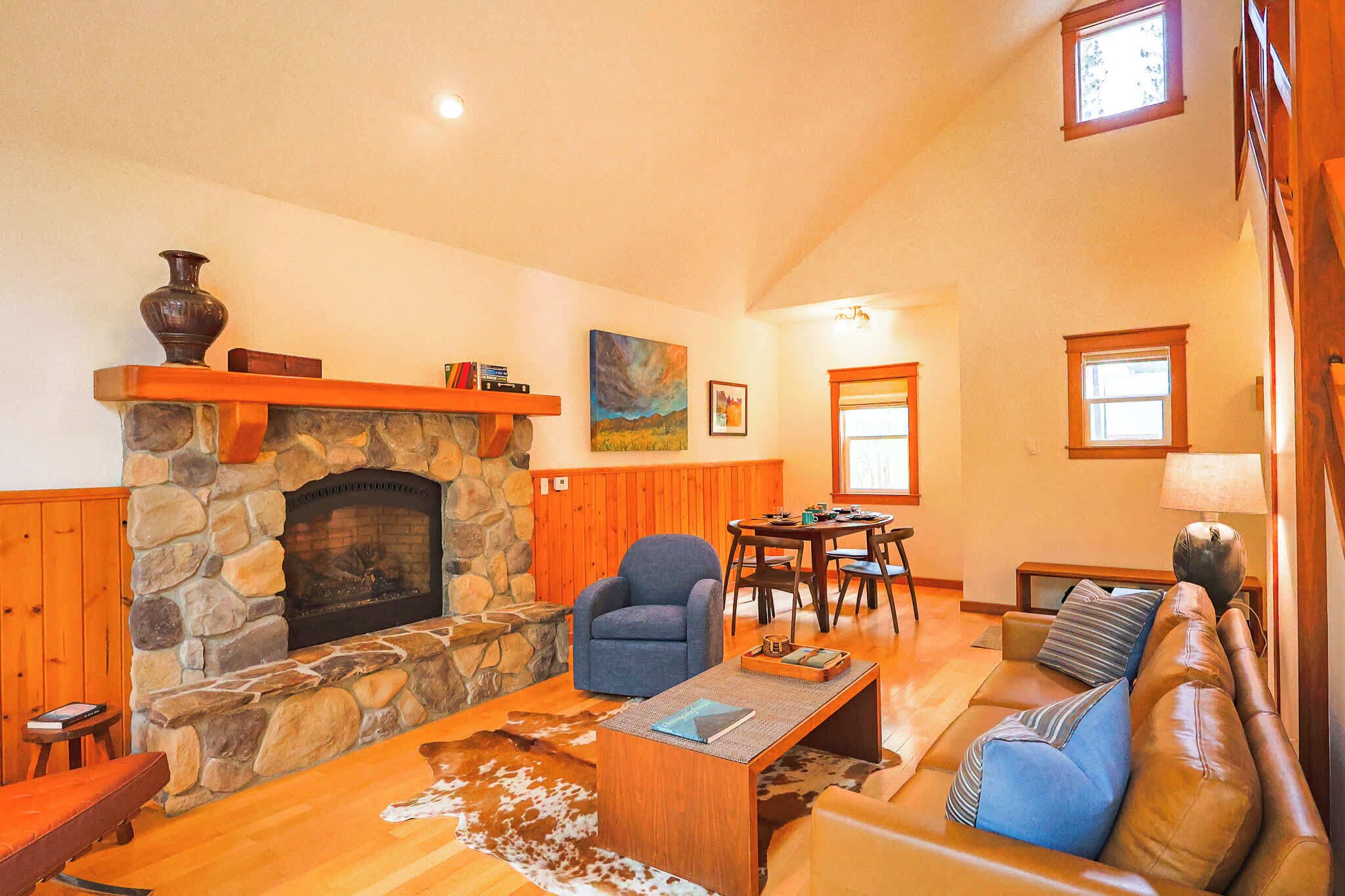 Fireplace, DVD player, books, offices