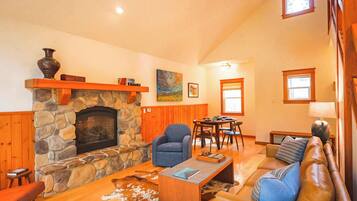 Fireplace, DVD player, books, offices