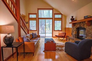 Fireplace, DVD player, books, offices