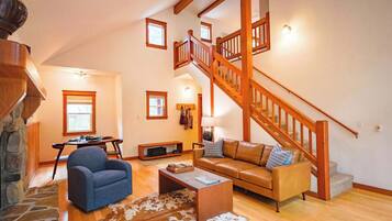 Fireplace, DVD player, books, offices