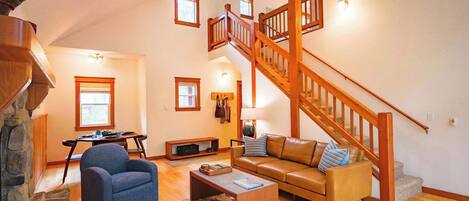 Chimenea, reproductor de DVD, libros, oficina