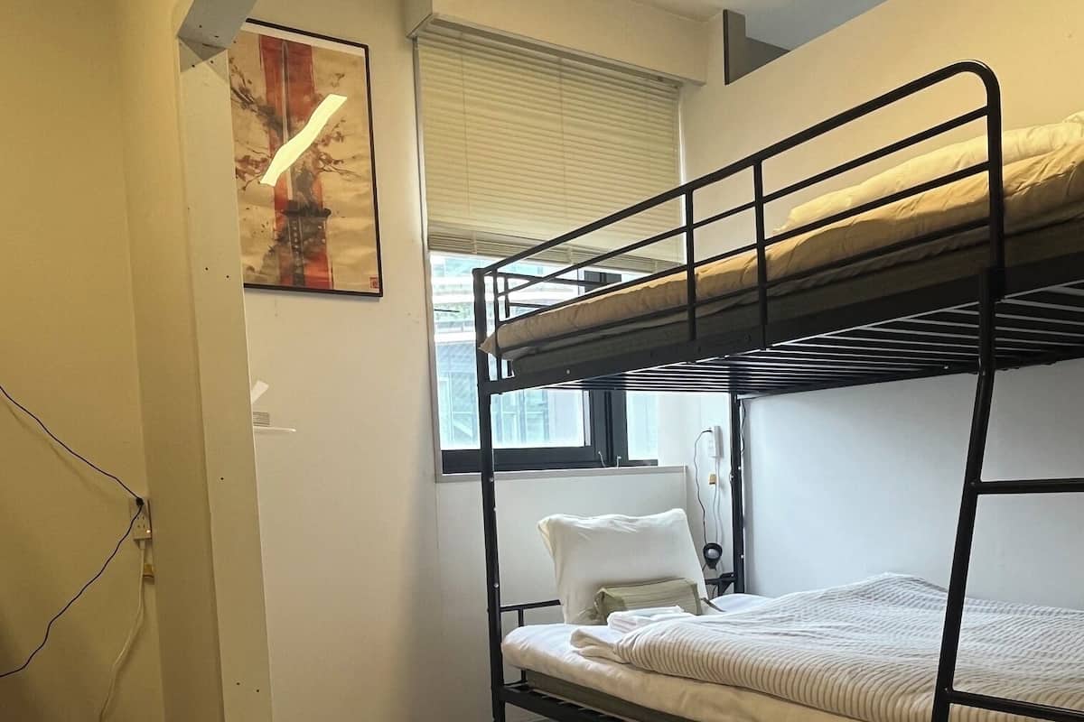 A bunk bed room with a window, a painting on the wall, and a power outlet.