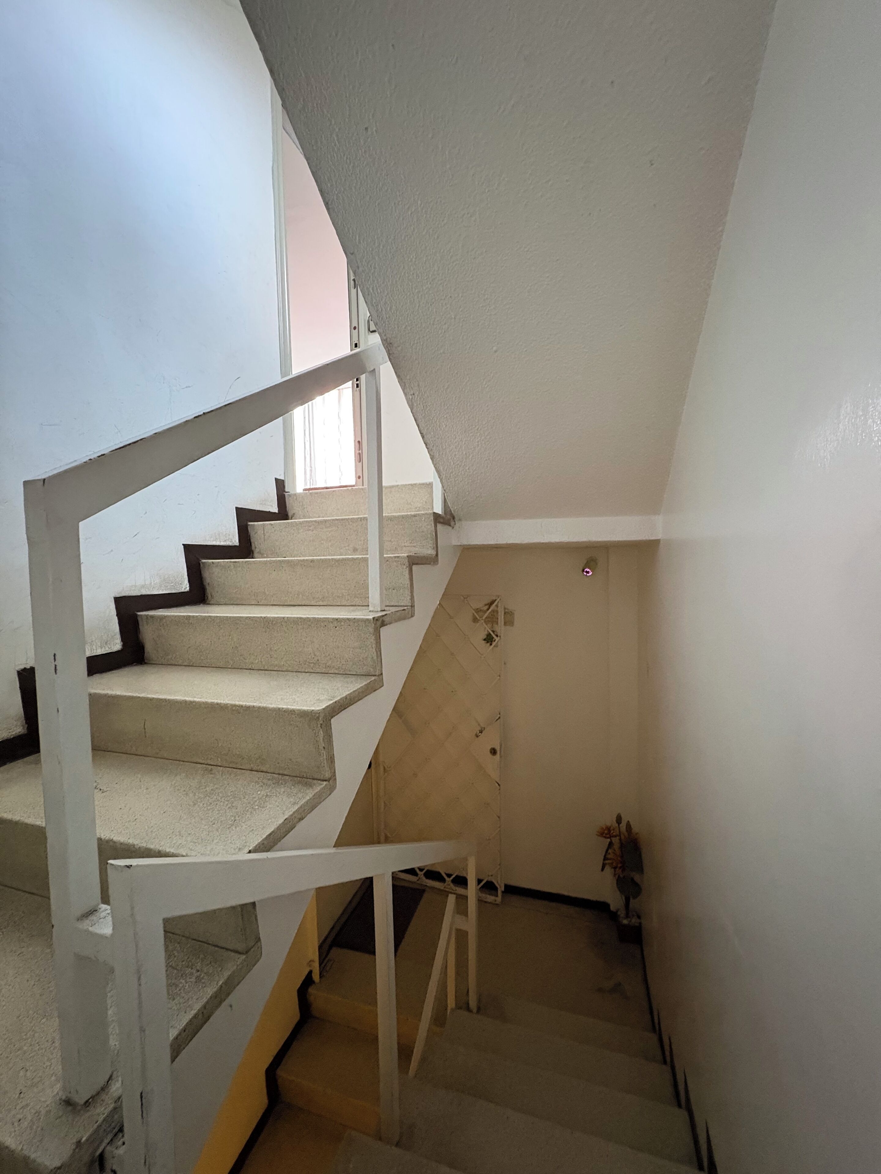 Un escalier avec des rampes blanches menant à un palier.
