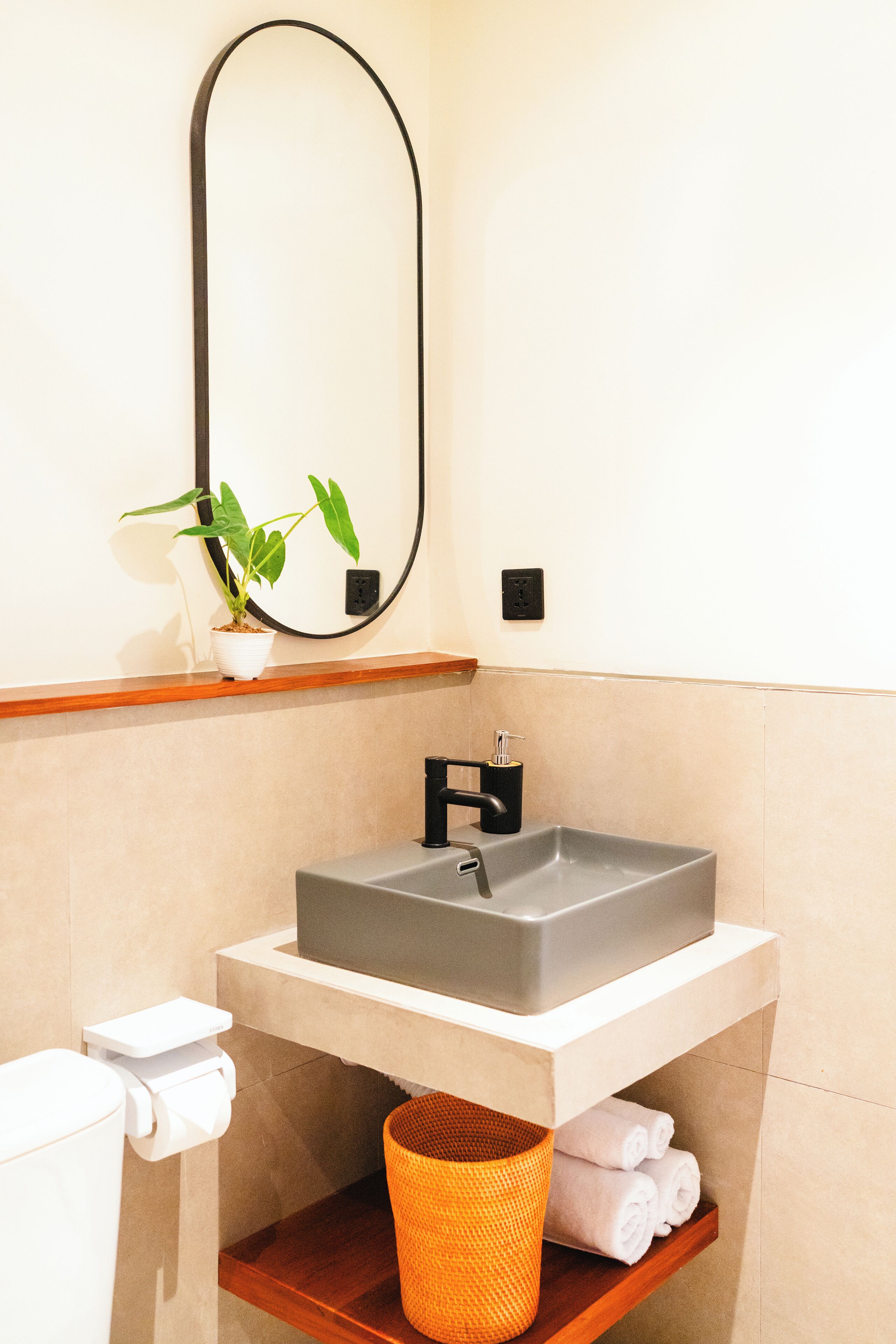 A bathroom with a white sink, a mirror, a potted plant, and a towel rack.
