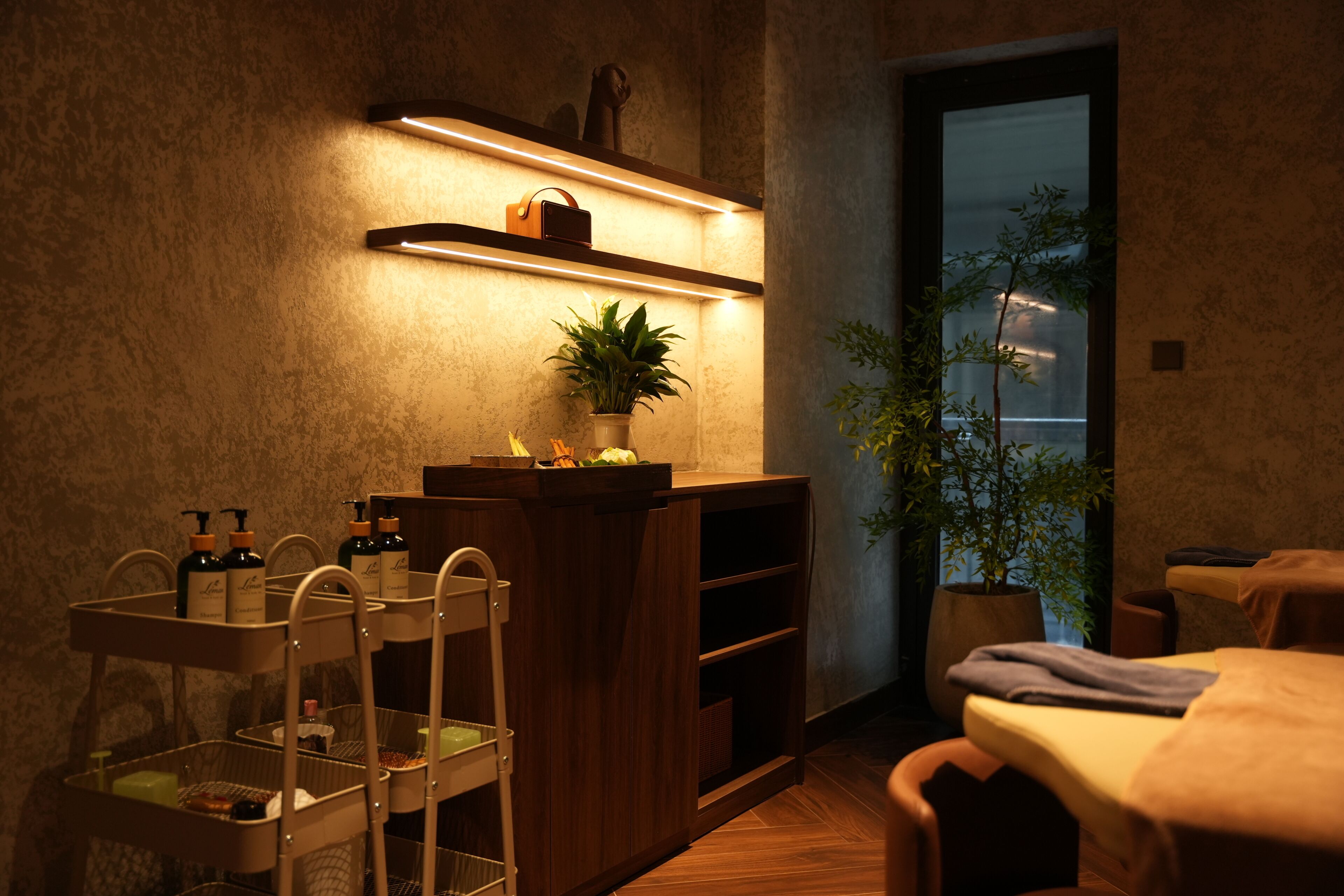 A modern bathroom with a wooden vanity, a mirror, and a shelf with toiletries. There is a plant on the vanity and a window with a view of the city.