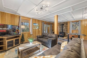 TV, fireplace, foosball, offices