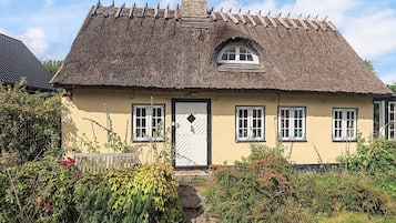 A traditional thatched-roof house with a single entrance door, multiple windows, and a small garden area with various plants and flowers.