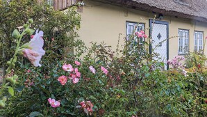 A traditional house with a thatched roof, a wooden door, and a window with a white frame. - 4 Star Holiday Home in Humlebaek (Humlebaek)
