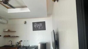 Un espacio habitable pequeño con kitchenette, ventilador de techo, televisor de pantalla plana y una alfombra pequeña.