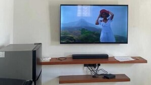 Un televisor de pantalla plana montado en la pared con un estante de madera debajo.