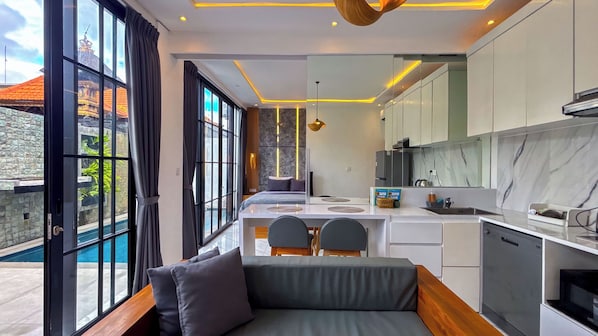 Luxury Villa, 1 Bedroom, Kitchenette, Pool View | Living room