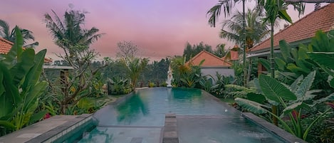 Outdoor pool, pool umbrellas, pool loungers