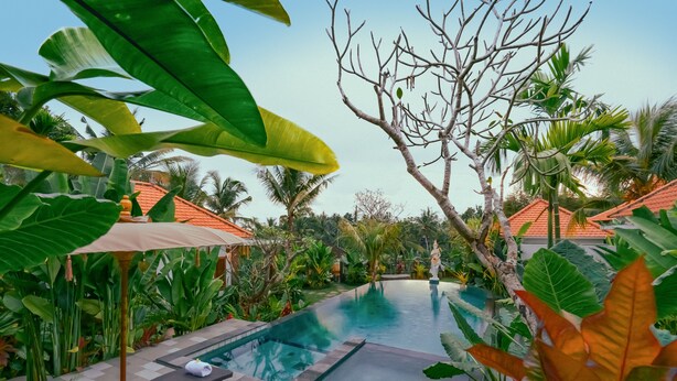 A poolside area with lounge chairs and umbrellas, surrounded by lush tropical plants. - Matahari Lumbung Resort (Ubud)