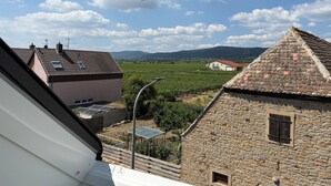 A view from a window overlooking a vineyard, stone buildings, and distant mountains. - Vineyard View Attic Suite (Ruppertsberg)