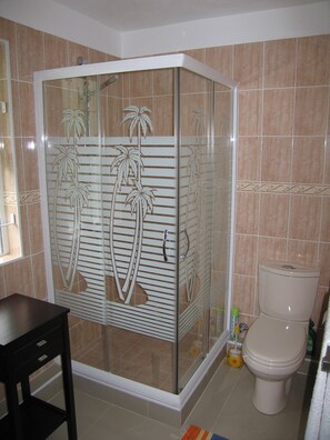 Standaard studio, balkon, uitzicht op zwembad | Badkamer met douche