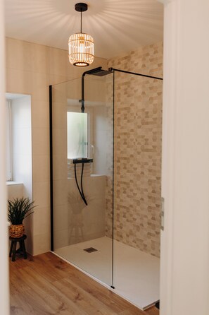Shower, hair dryer, toilet paper