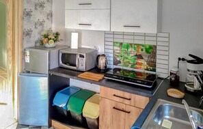Frigorífico, microondas, placa de cocina y cafetera o tetera