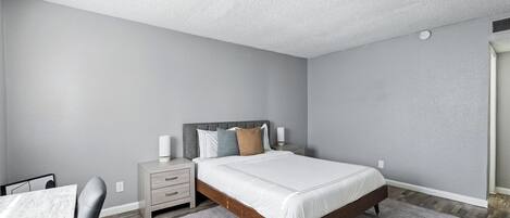 1 bedroom, desk, iron/ironing board, travel cot