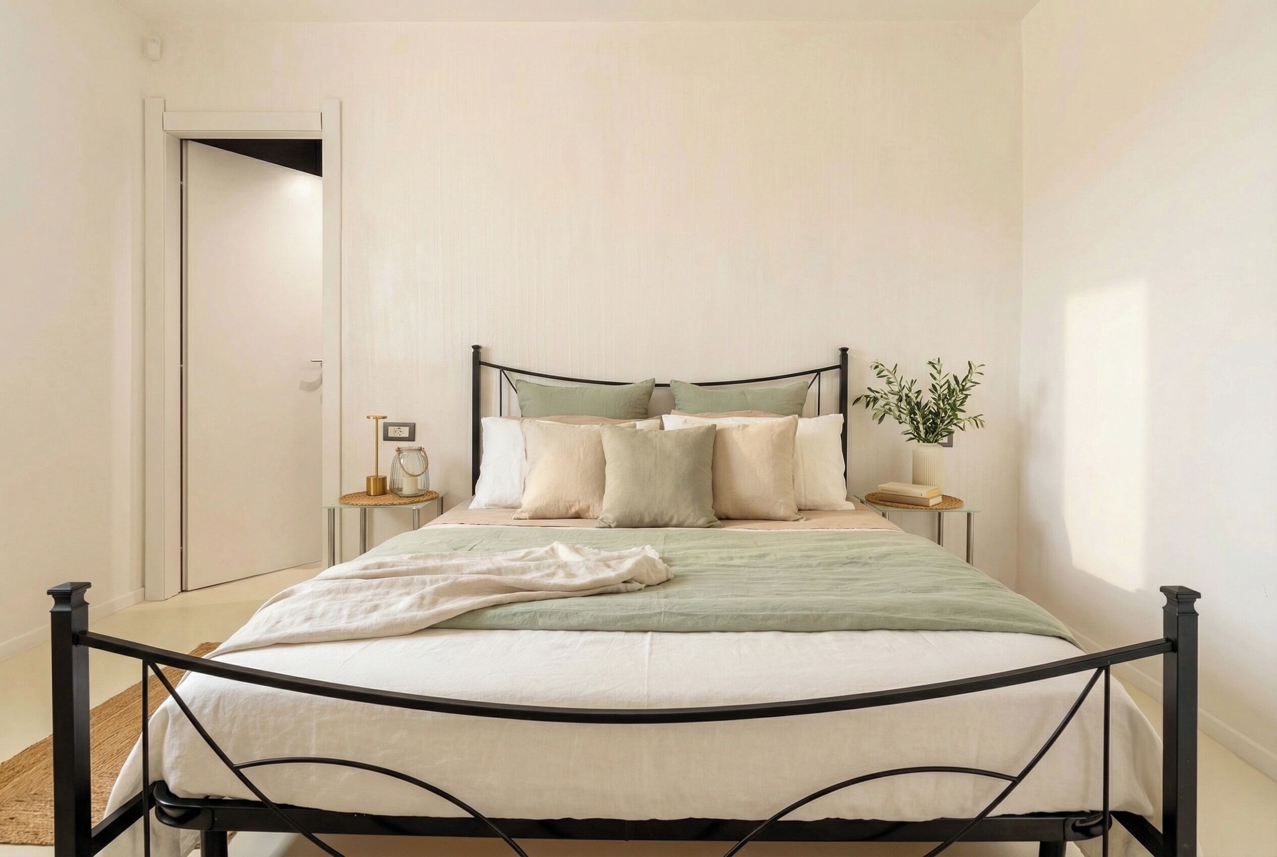 A neatly made bed with a metal frame, a bedside table with a lamp, and a small potted plant.