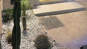 A modern building with a numbered entrance, a small outdoor area with a cactus, and a metal gate. - Luxury golf villa with heated pool-near center (Marrakech)