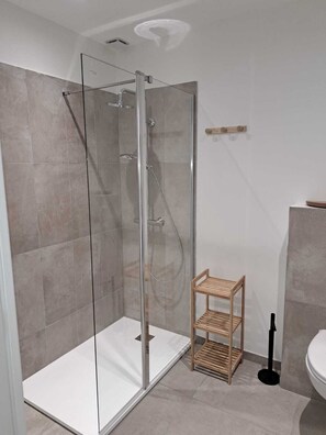 Douche, serviettes fournies, papier de toilette