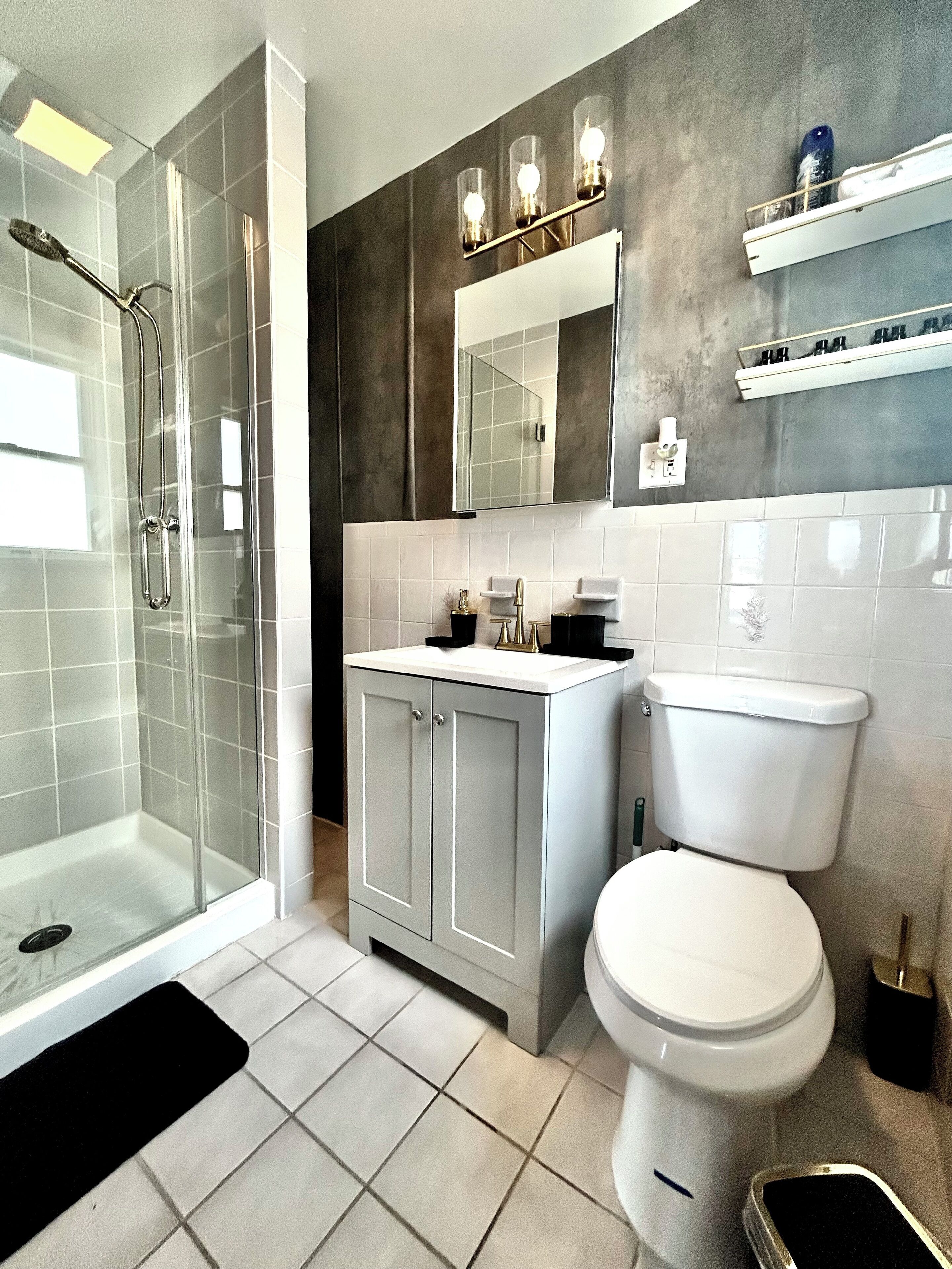 Hair dryer, towels, soap, shampoo