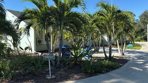 Zona residencial con un letrero 'Welcome Blue Room', palmeras y un letrero que indica 'Brid Parking'.