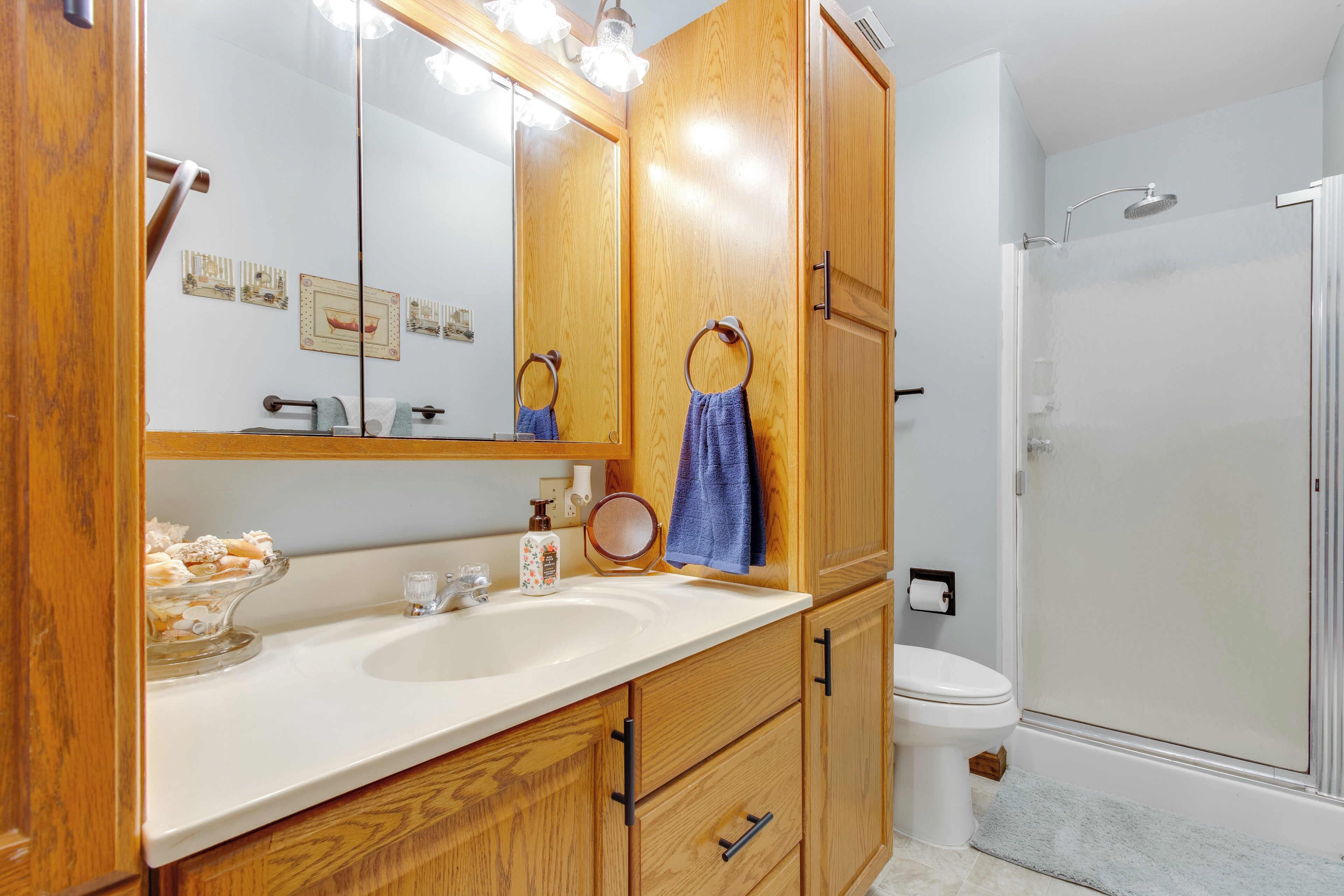 A bathroom with wooden cabinets, a white sink, a mirror, a towel ring, a toilet, and a shower area.