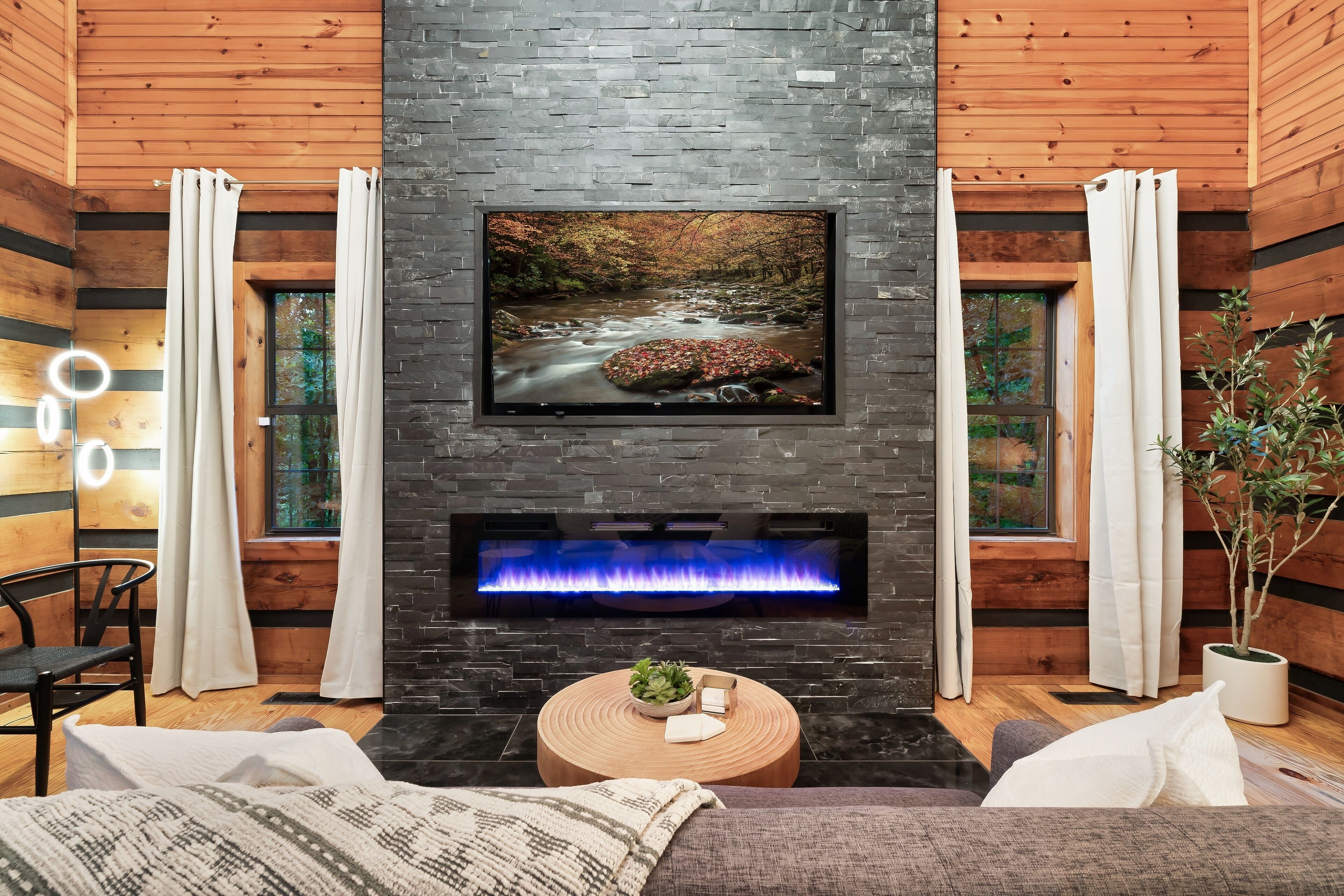 Smart TV, fireplace, video library